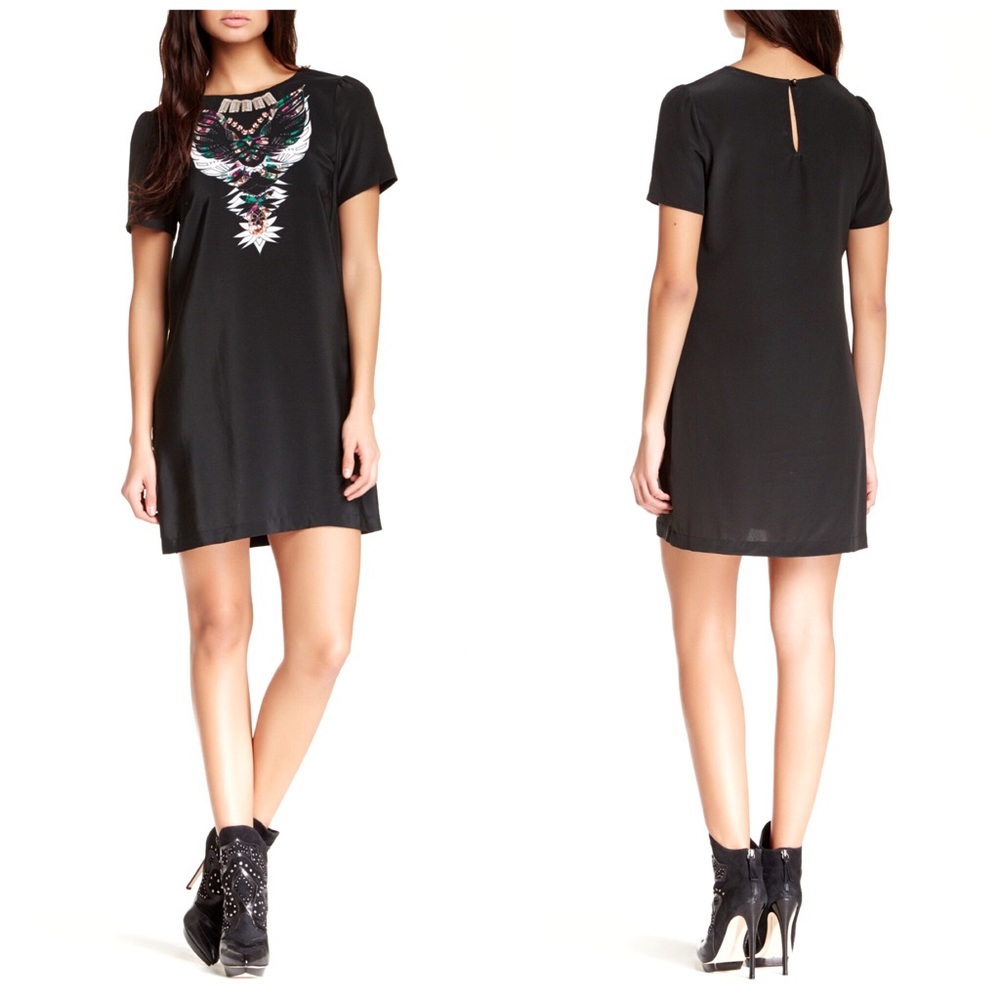 TWELTH STREET CYNTHIA VINCENT Firebird Print Silk Tunic Mini Dress Black Small S